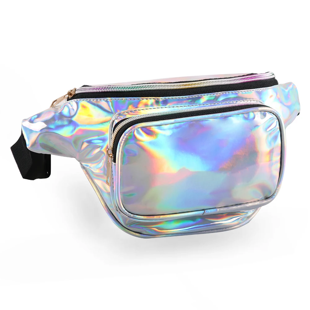 

Free Sample Holographic Waist Bum Bag Sport Fanny Pack With Logo, Purple, black, red, green, light gold, silver, etc