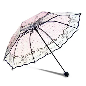 Image of Sunny and Rainy Transparent Umbrella Rain woman windproof Parasol Thicken Three-folding Advertising Women female girls paraguas