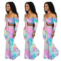 

Fashion Womens Suits Sexy Gradient Print Ladies Strapless Long Sleeve Crop Top And Women Flared Pants Two Piece Set