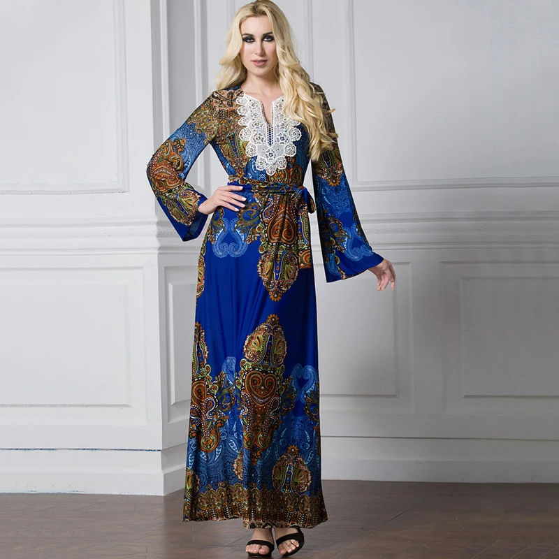 

New Design Women Autumn Winter Long Sleeve Soft Muslim Women Long Dress High Quality Ice Silk Bohemian Printing Blue Maxi Dress