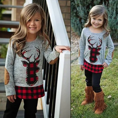 

2018 Christmas Toddler Kids Baby Girls Clothing Red Plaid Deer T shirt +Black Long Pants 2PCS Outfit Winter Clothes Set