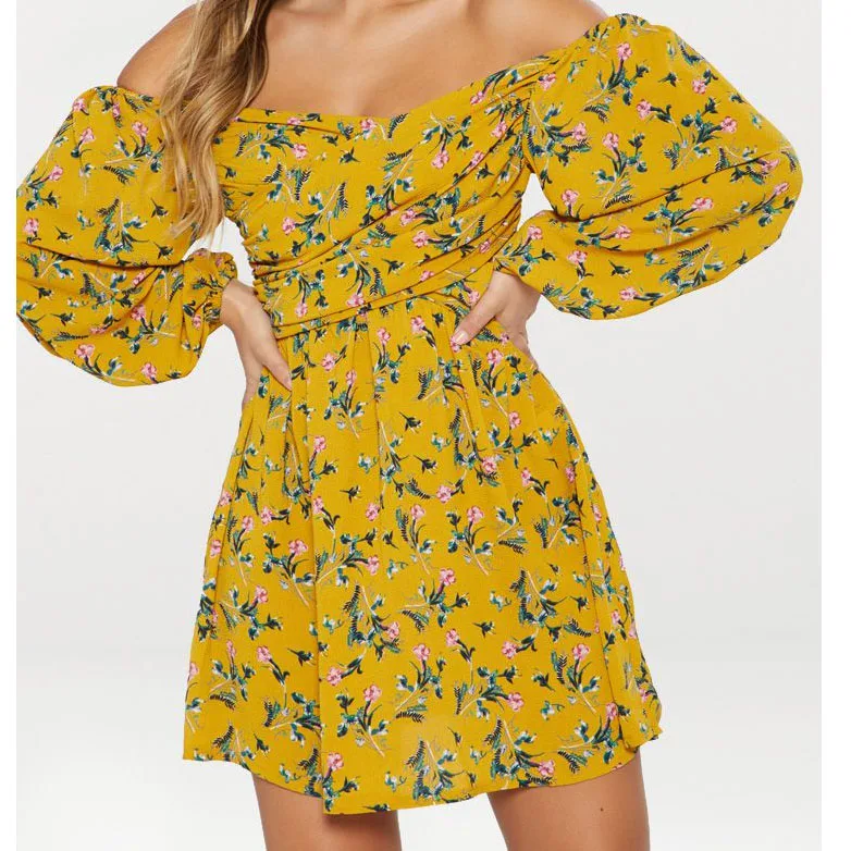 

2021 Wholesale Factory Price Off The Shoulder Floral Printing Chiffon Ladies Summer Dress, As your request