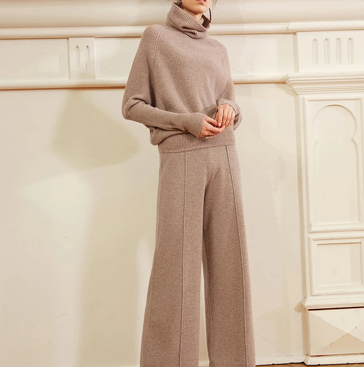 P18B146TR cashmere suit plain knitted turtleneck loose lazy elegant lady pullover sweater set cashmere sweater manufacturer