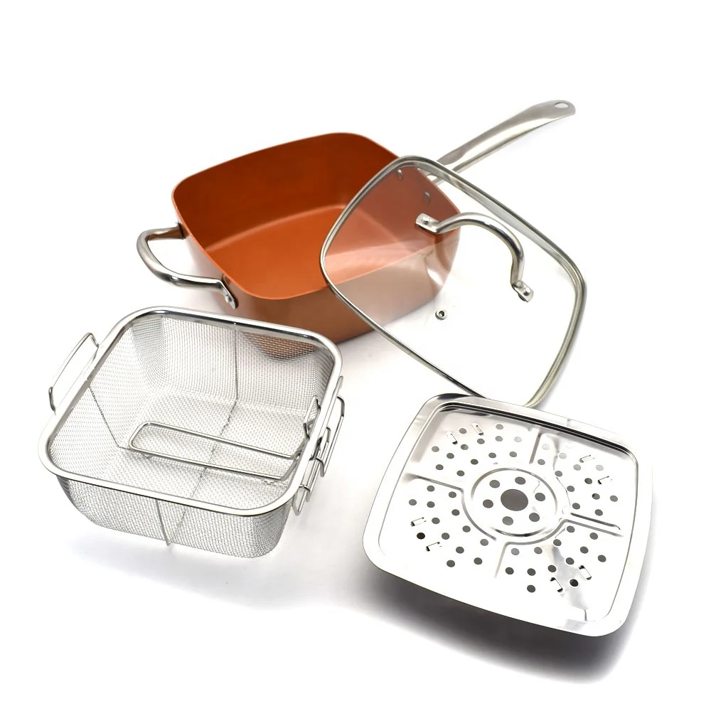 

Sweettreats copper Square Pan Induction Chef w/Glass Lid Fry Basket, Steam Rack 4 Piece Set, 9.5 inches used in induction