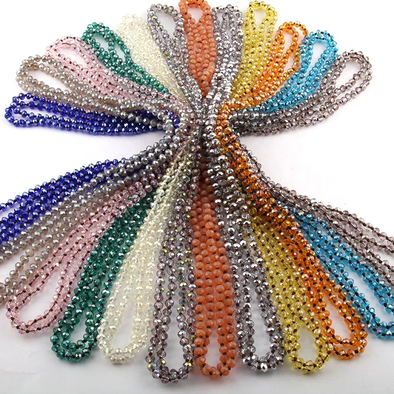 

12 Color 145-150cm long knotted Women Statement necklace Cute Mini 6mm Crystal Glass beads Necklace