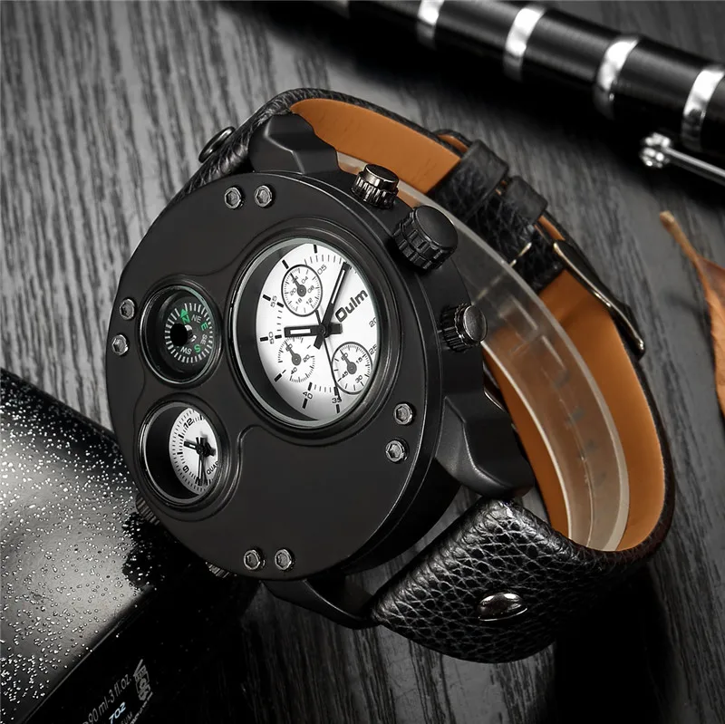 Oulm 3741 relógio de pulso masculino, relógio de quartzo esportivo para uso ao ar livre com pulseira de couro preto, marca de luxo