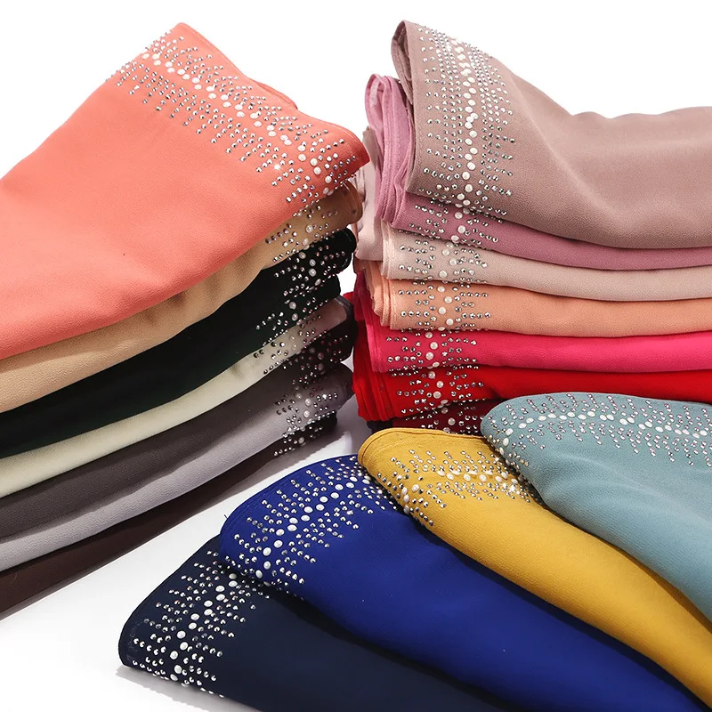 Lady Popular Plain Bubble Chiffon Muslim Hijab With Diamond Women Head Wraps Shawls Scarf
