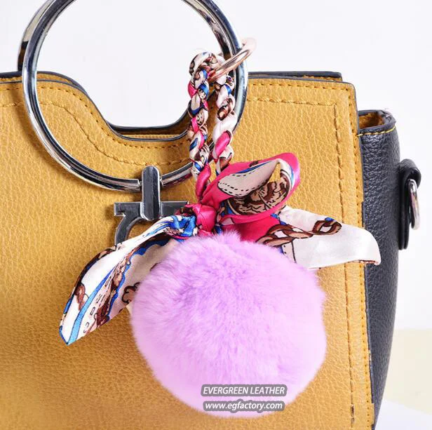 Fashionable printed women bags design fur ball with silk accessories for lady handbags FT074