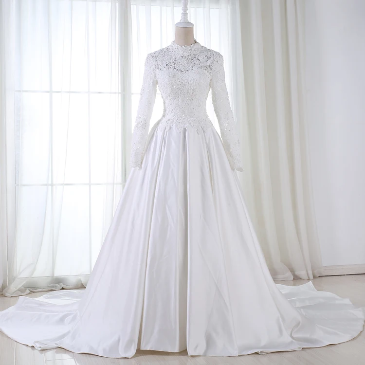 

2019 Luxury ball gown high-neck long sleeves beaded Muslim bridal wedding dress, White
