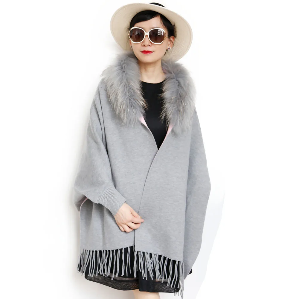 

Fashionable winter two colors sides long women shrug with raccoon collar