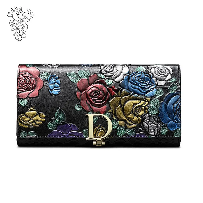 

2019 New Personality Retro Long Genuine Leather Purse 3D Embossing Clutch Wallet Women Coin Purses Holders
