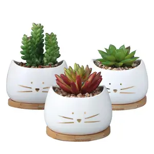 3.2in Cute Animal Cat Ceramic Succulent Decorative Small Planter Pot Mini For Sale