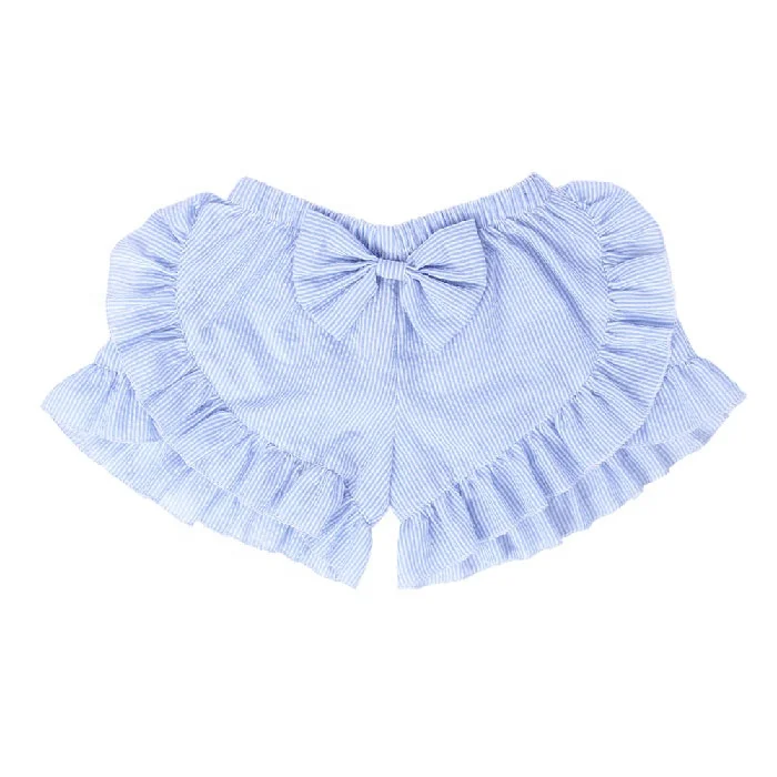 

Wholesale Summer Monogram Ruffle Seersucker Bow Shorts, As shown