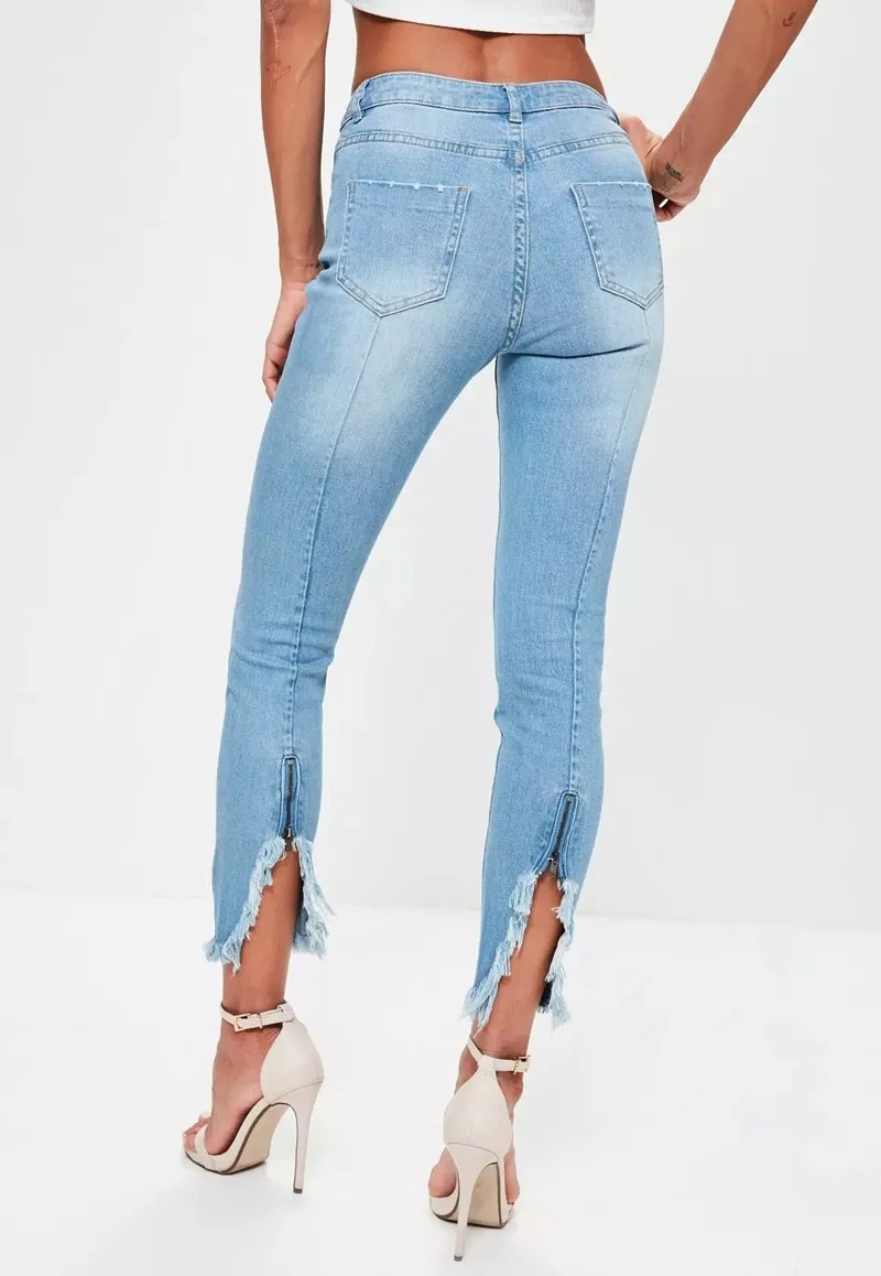 New Style Fashion Latest Jeans Tops Girls Zipped Hem Skinny Jeans Women