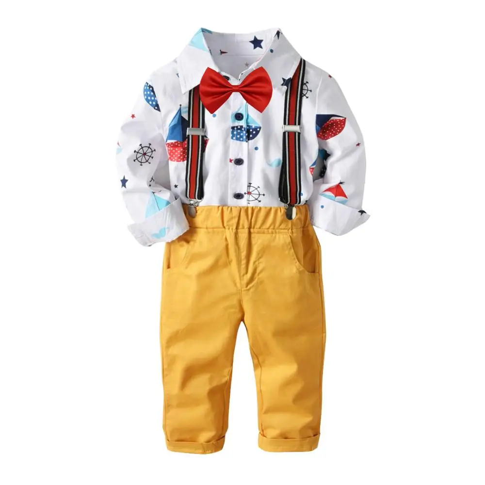 

R&H Autumn Cotton Newest Print Fashion Shirt Blouse+Overalls Pants Little Boys Clothing, As the picture show