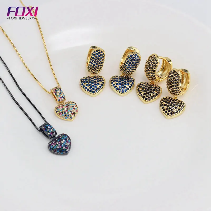

Foxi CZ Color Heart Earrings Necklace Women's Set Jewelry