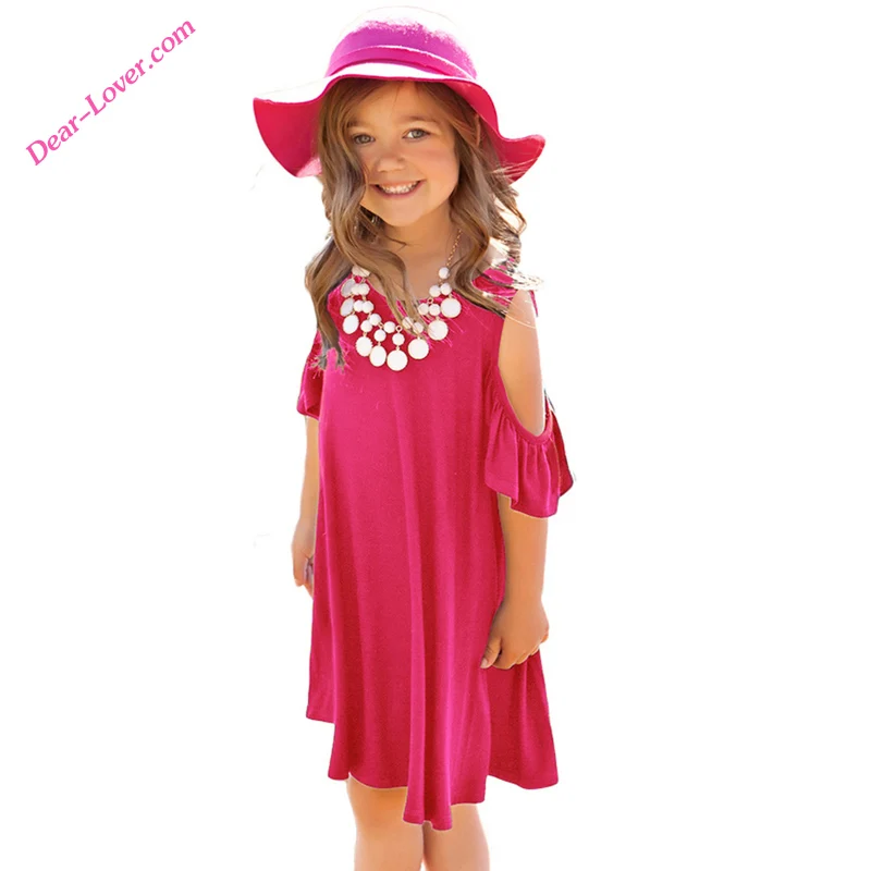 

Little Girls Rosy Ruffle Cute Summer Cold Shoulder Kid Dress, As shown