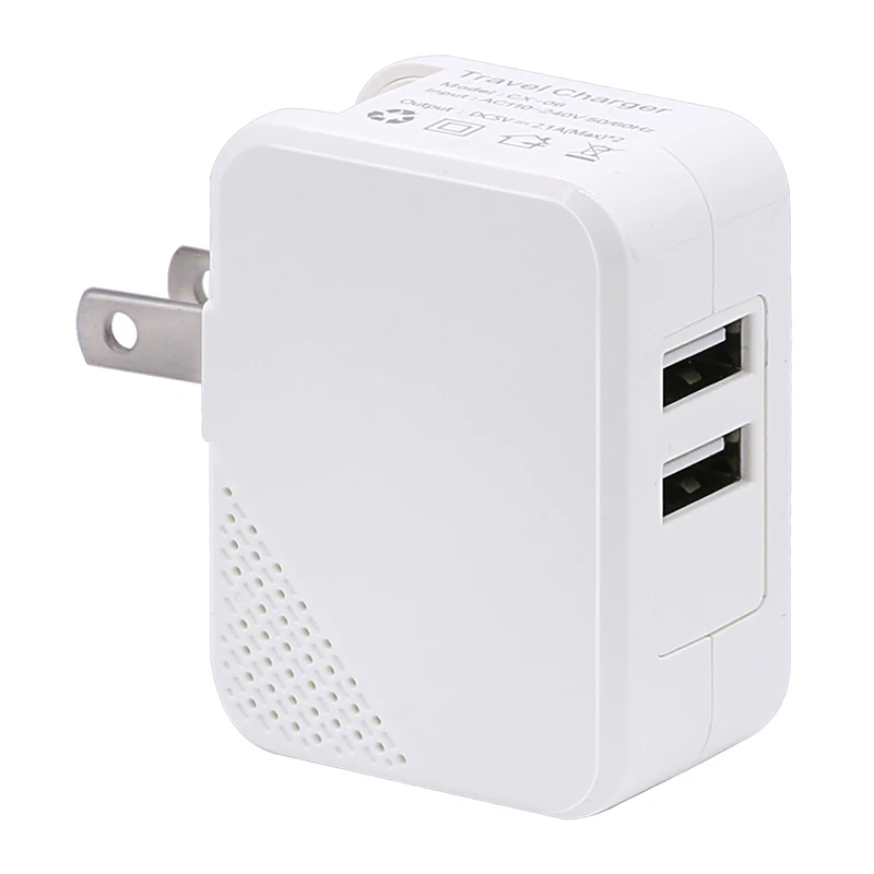 

Wholesale High Quality EU/US Plug 2.1A 10W CX-06 Dual USB Wall Charger for Iphone, White