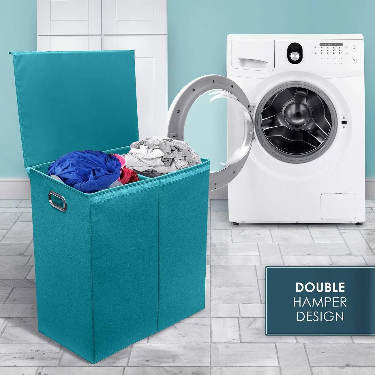 Bathroom Blue Hotel Double Laundry Hamper With Lid Collapsible 2 ...