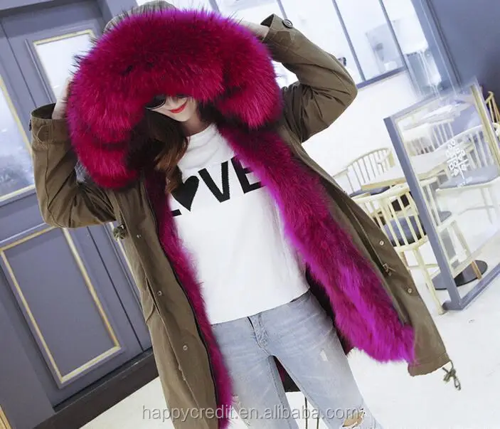 

Cheap Wholesale Ready Made Blue Detachable Liner Real Fox Fur Parka for Women with Hood, Fur parka in black, army green