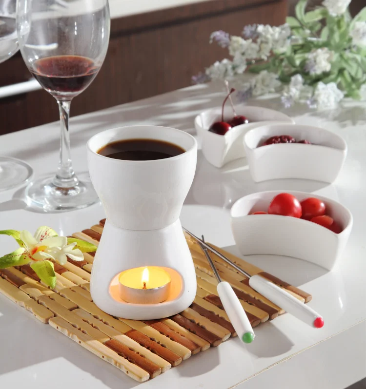 

120ml white porcelain chocolate fondue set with forks and candles