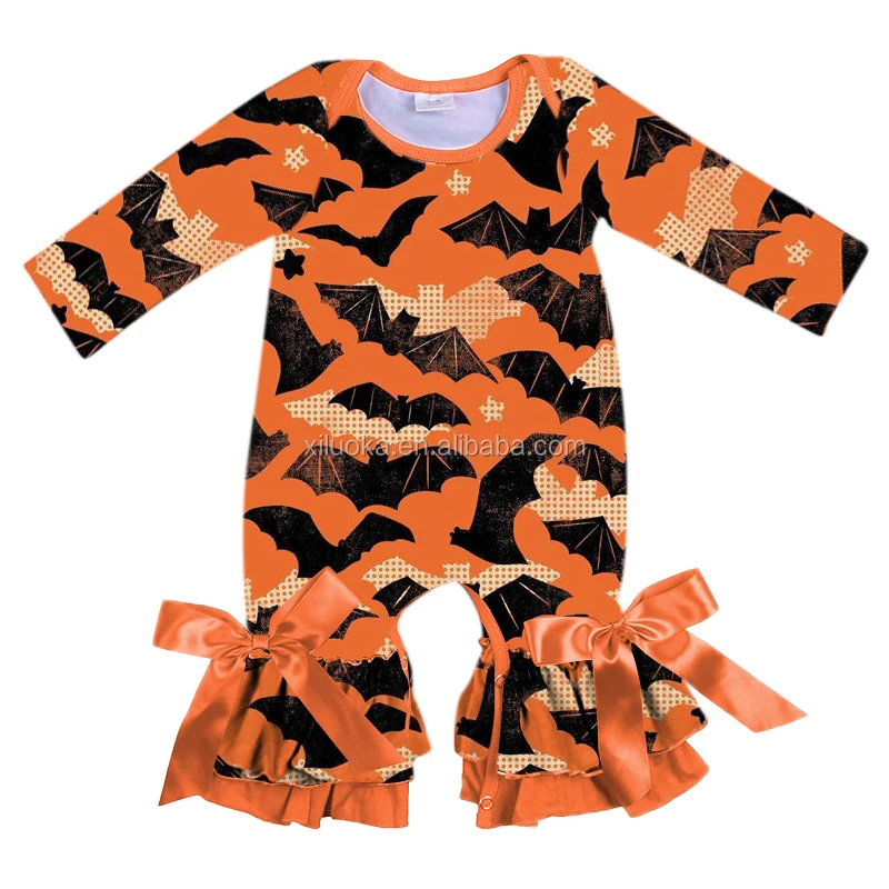 

Wholesale Baby Simple Design Halloween Bat Pattern Baby Clothes Romper Long Sleeve Bow-knot Legging Baby Romper, Picture