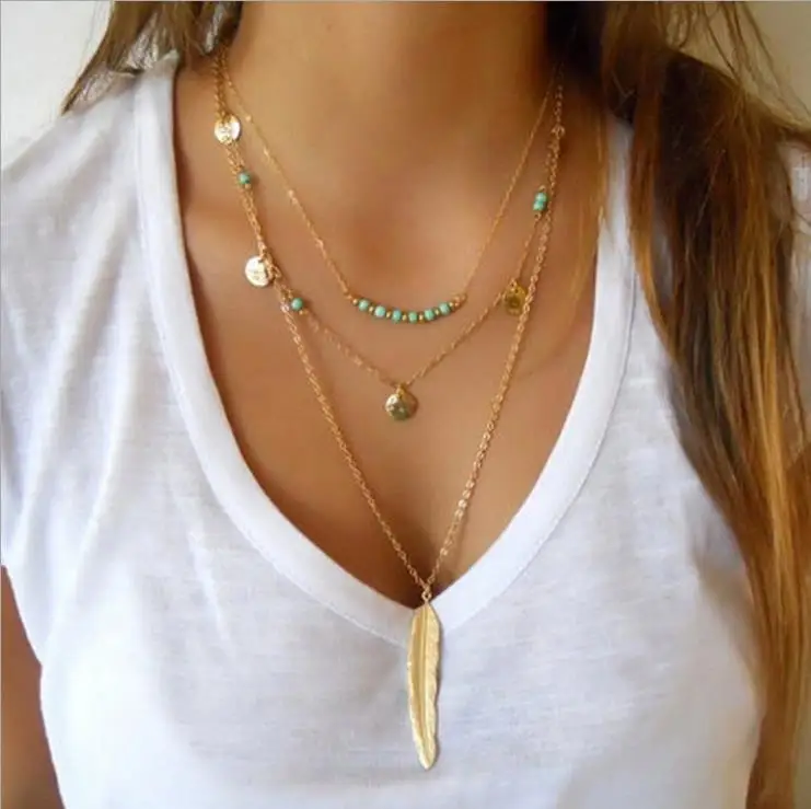 

Hot Fashion Gold Color Multilayer necklace Coin Tassel Lariat Bar Necklaces Beads Choker Feather Pendant Necklaces, Gold, silver