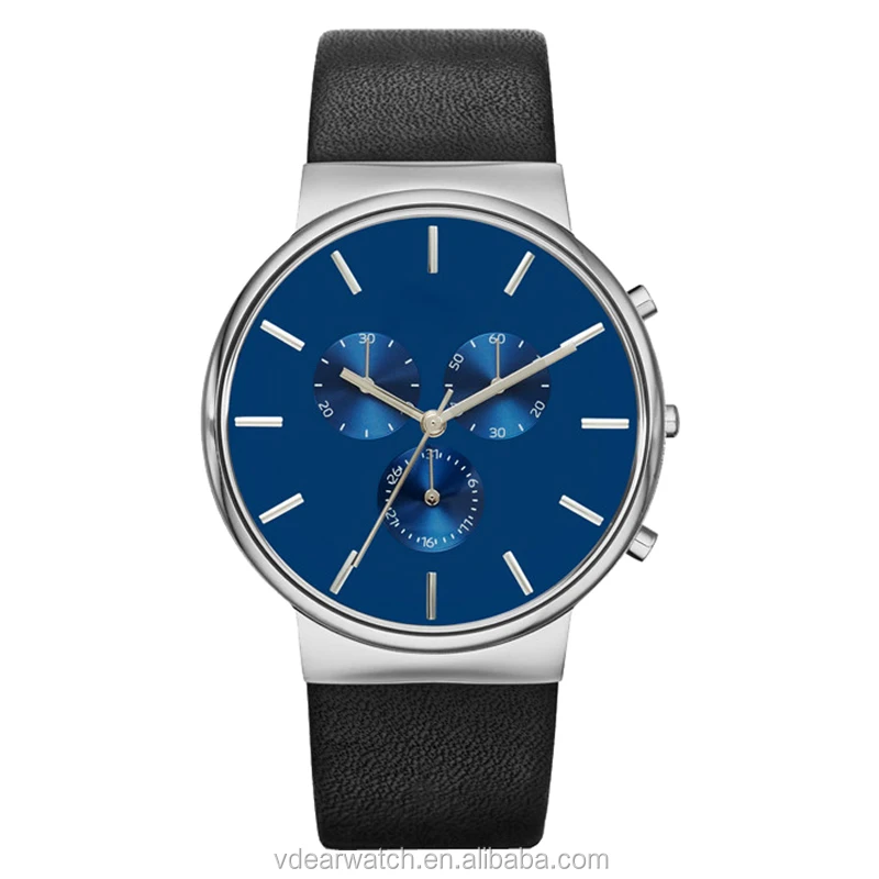 Three eyes leather quartz chronograph steel watch design your own custom logo watches men