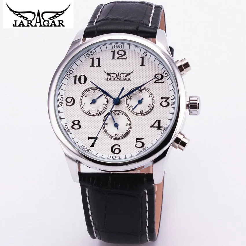2016 JARAGAR Luxur Brand Men Watch White or Black Leather Auto Mechanical Watches Men 6-hands Wristwatch