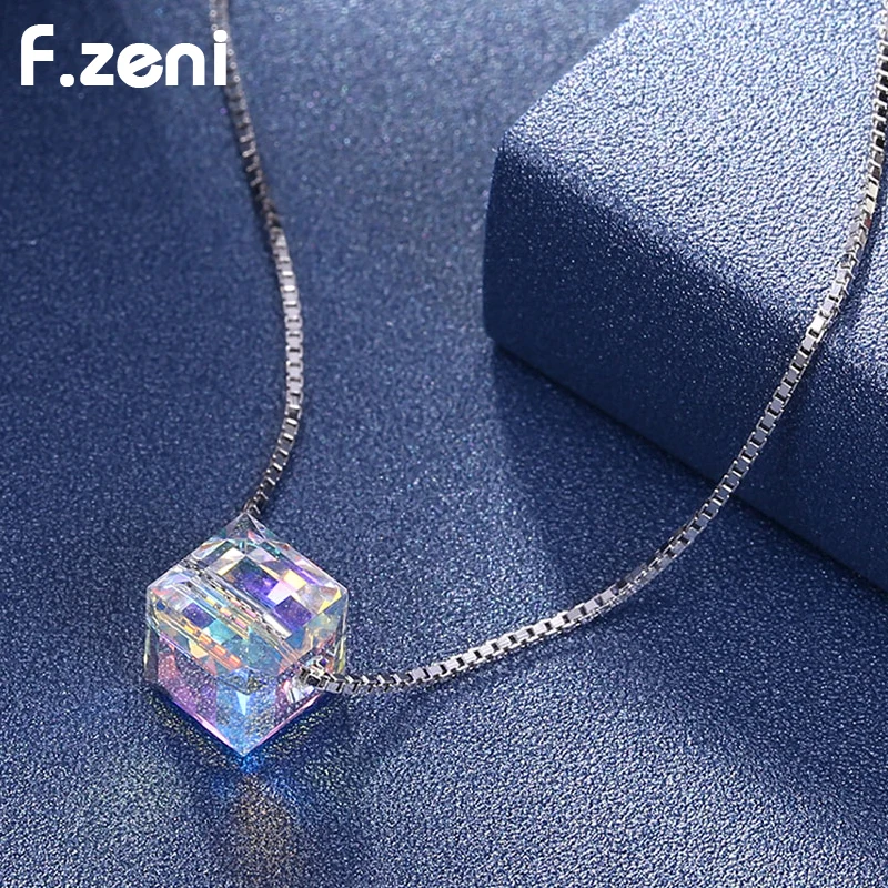 

925 Sterling Silver Statement Women Jewelry, Rhinestone Christmas Charm Cubic Square Crystal Austrian Pendant Necklace