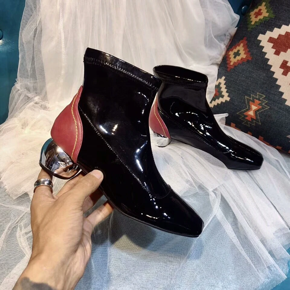 leather block heel square toe ankle boots