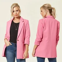 

In stock ladies pink white women blazer suit turn-up sleeves casual femme blazer suit women suits