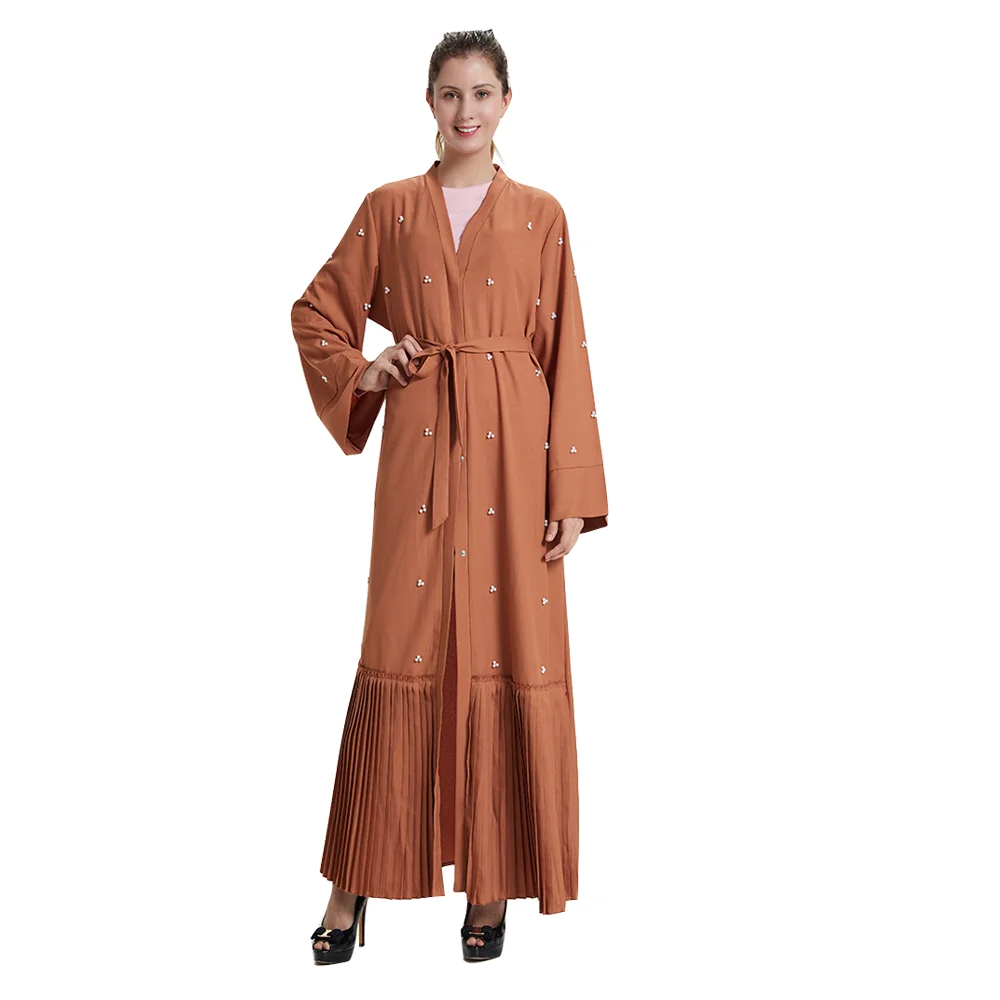 

2018 Autumn new style muslim handmade pearl beaded maxi dress elegant V neck islamic women clothing arab tunic robes with belt, Light brown