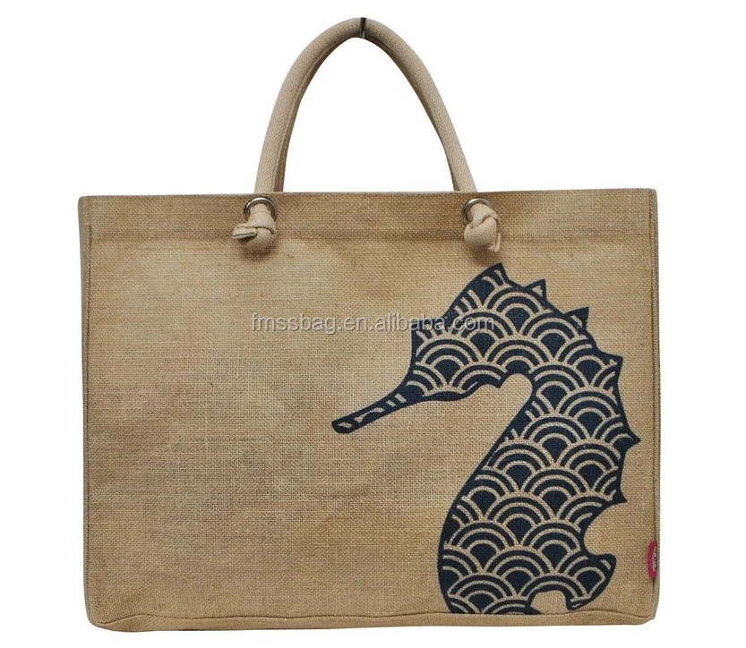 

Sea Horse Printed Jute Burlap Tote Bag, Natural