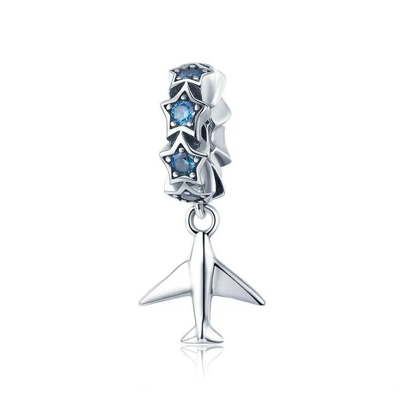 

BAMOER 100% 925 Sterling Silver Fashion Travel Plane Stackable Dazzling Blue CZ Charms fit Charm Bracelet DIY Jewelry
