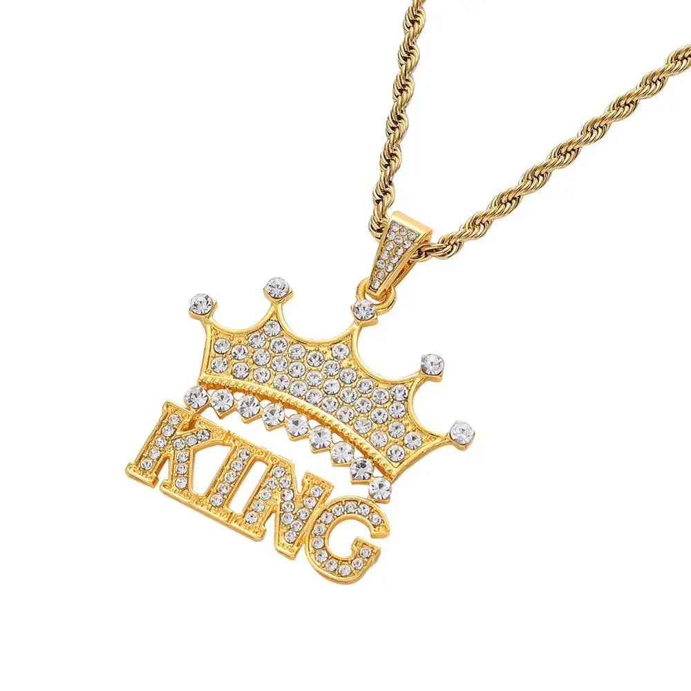 

New Arrival Hiphops Jewelry Men's King Crown Pendant Necklace Stainless Steel Chain Pave Diamond Gold Crown Necklace, As pictures show