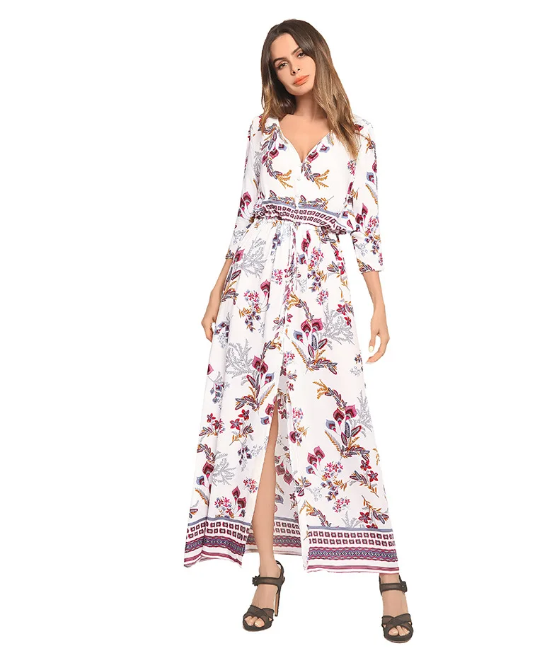 

2016 print v neck fastener women maxi casual dress, Custom