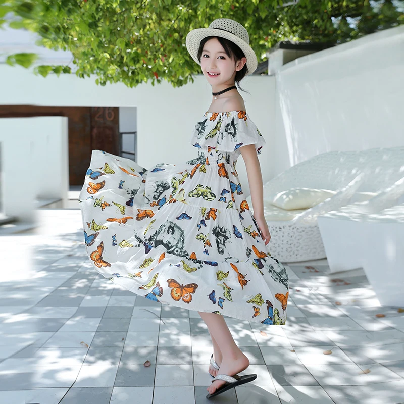 

Hot Sale Girls Summer Cotton Fabric Dress One-shoulder Printed Princess Dress, As picture