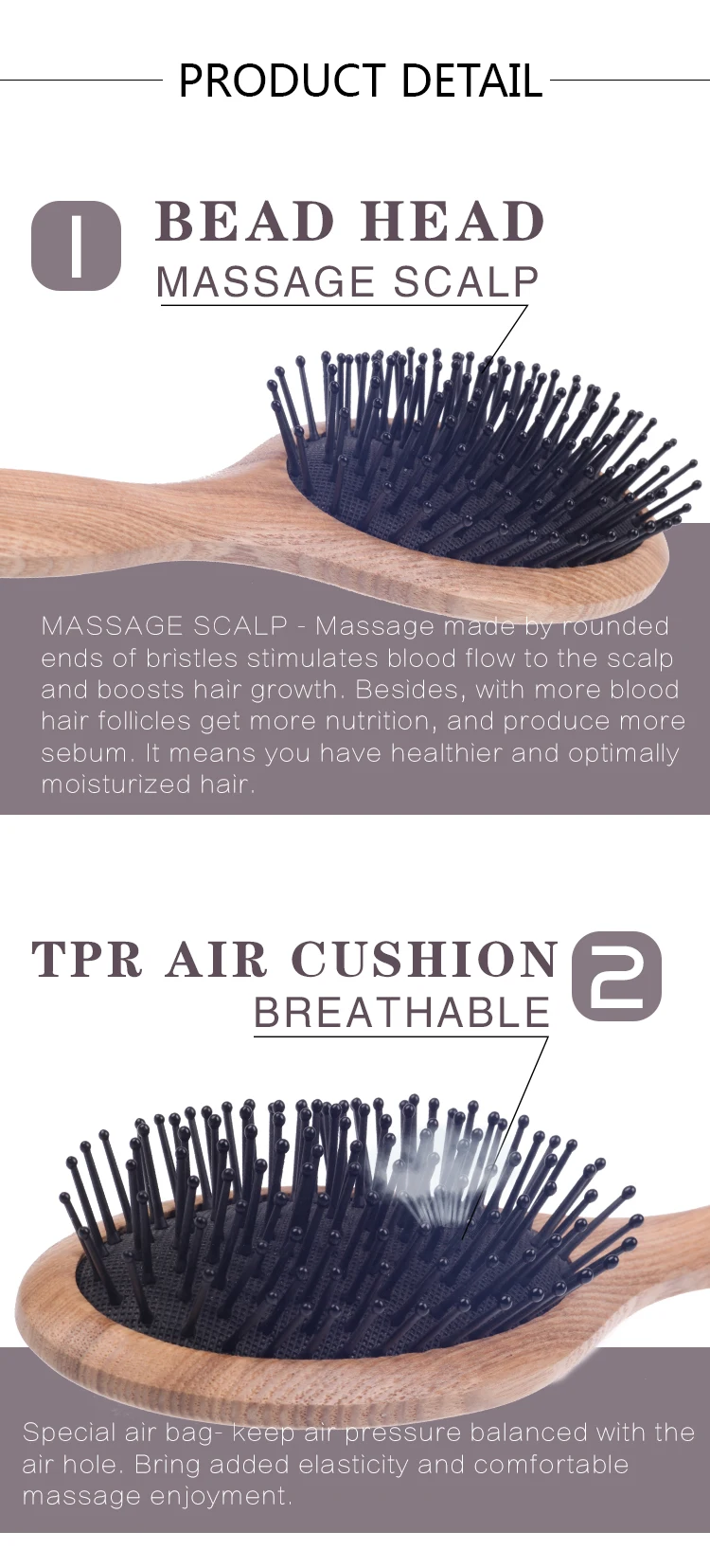 EUREKA DS9325 Paddle Cushion Wooden Hair Brush for All Hair Types Ball-Tip Nylon Pins Hairbrush