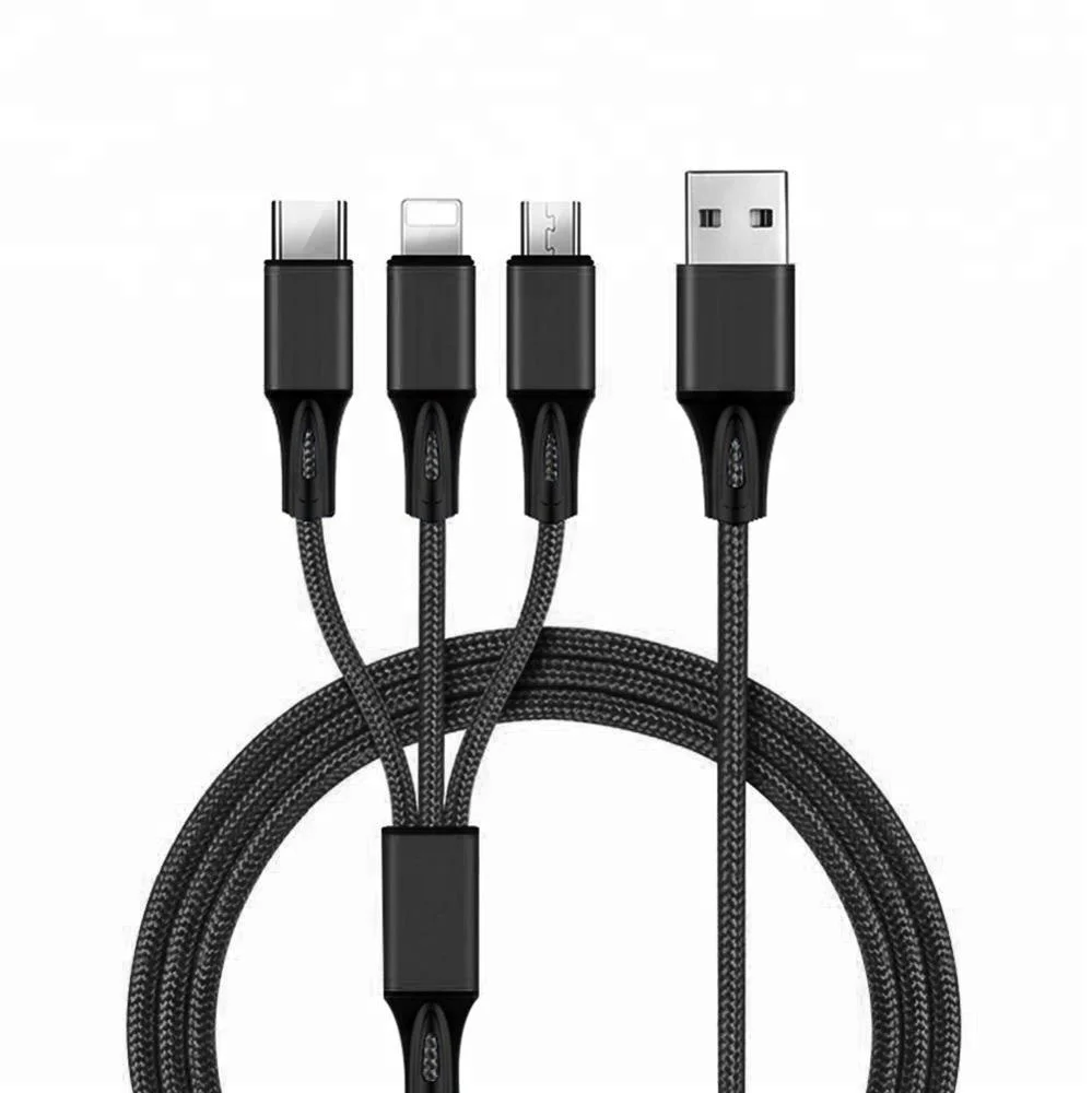 1.2M 3.0A Black Cable Charger 3 in 1 Nylon Braid Multi USB Cable