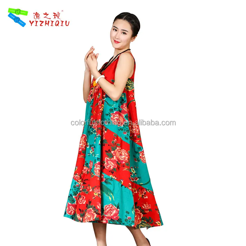 

Chinese Style A-Line Summer Off Sleeve Flower Dress For Women, Red and green