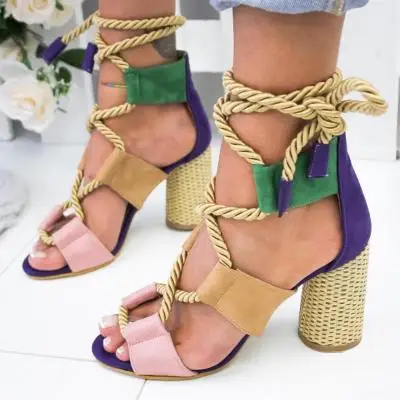 

SD-036 2019 women's Strappy high heel sandals Exaggerated colorful leather thick heel sandals for women with straw weaving sole, Red , black, white