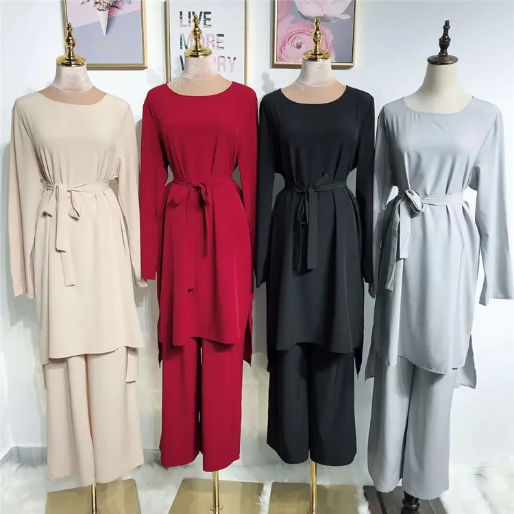 

2019 hot sell dubai fasion 4 colors soft crepe material muslim women set, Black;grey;beige;wine red