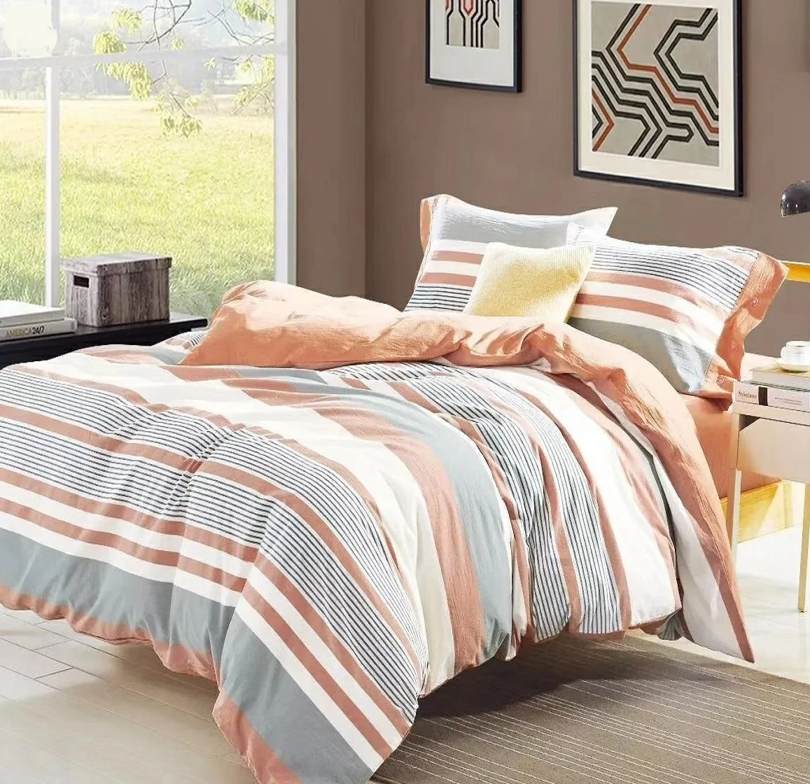 
100% cotton Stripe linen woven fabric buying Duvet Cover, Washed yarn dyed plaid check Comforter bedding sheet sets. 