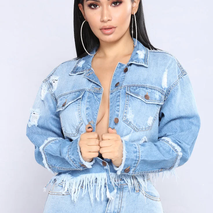 Ladies Jacket Jeans Casacos Feminino Slim Ripped Holes Jackets Denim Women Vintage Tassel Bomber Jacket Coats Y11322