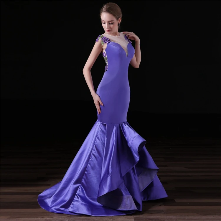 
Royal Blue Satin Mermaid Embroidery Applique Lace Sheer Back Floor Length Prom Dress 