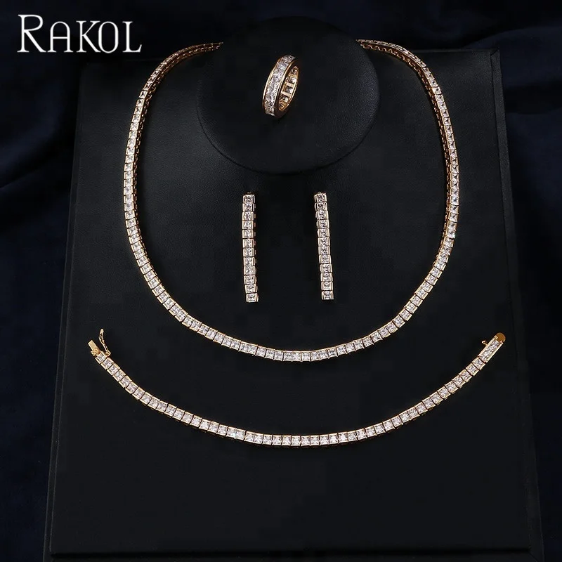

RAKOL SP247 Wholesale Four Jewelry Set Simple Style Full Zircon Diamond Thin Necklace Set, As picture