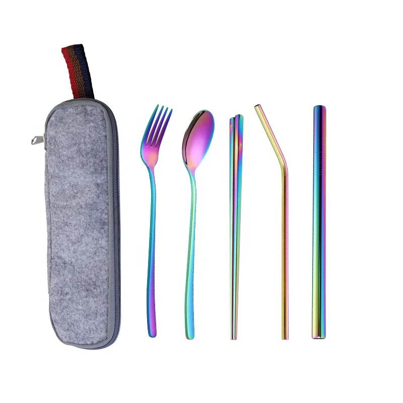 

portable stainless steel cutlery 304 spoon fork chopsticks and straw travel cutlery set, Silver/gold/rose gold/rainbow/black