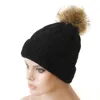 In stock small quantity cuff winter knitted fur pompom beanie hats for adults