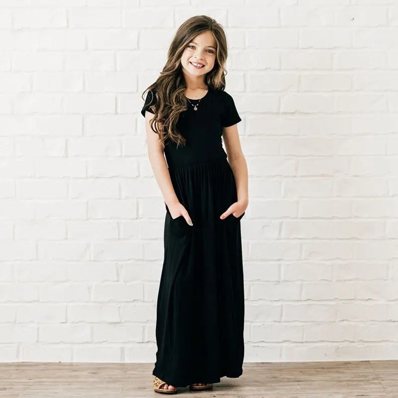 

Summer Girls Casual Costume Short Sleeve Floor Length Clothes Vintage Elegant Evening Dress Kids Colorful Dress, As picture
